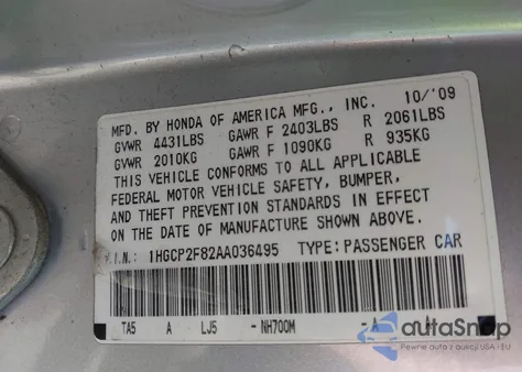 2010 Honda Accord 2.4 Ex-L from USA, damaged, VIN 1HGCP2F82AA036495